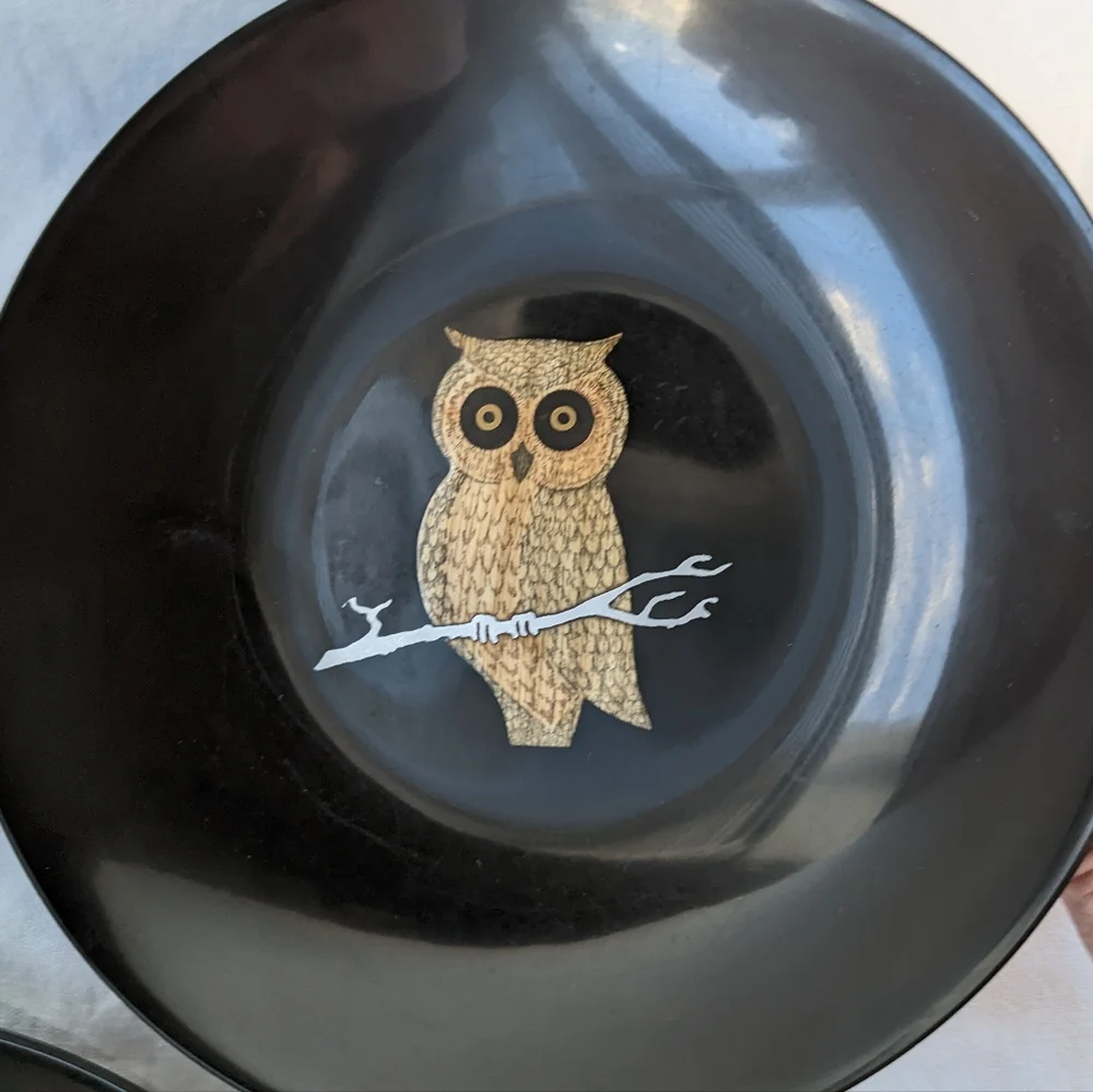 Vintage Couroc Monterey CA Inlaid Wood Owl Black Resin Bowls - 2